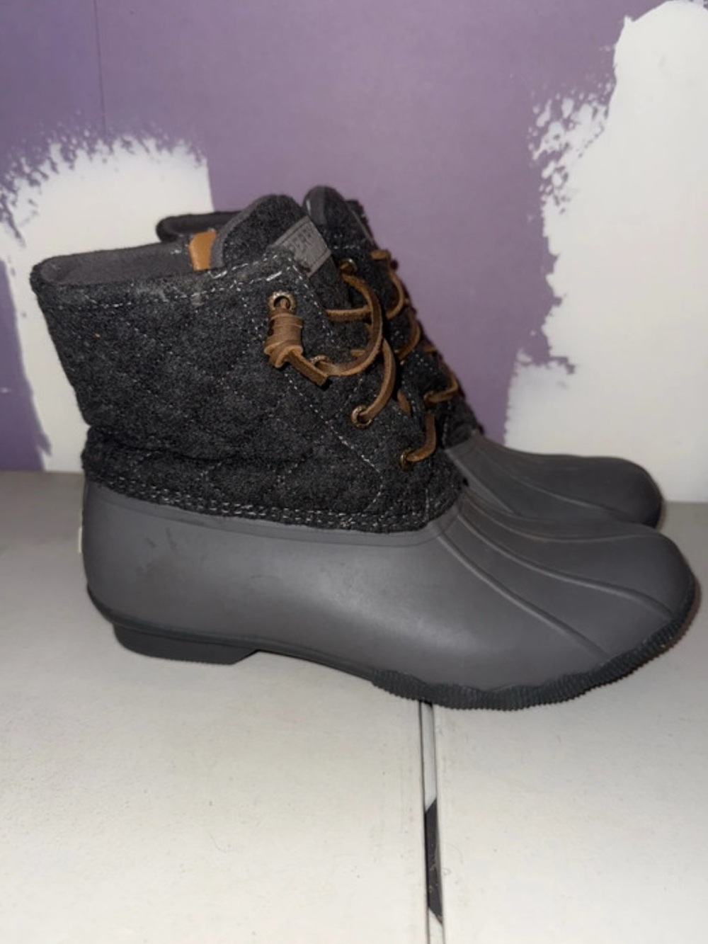 Sperry Gray Duck Boot Ankle Rain Shoes with Quilted Wool Upper, Size 8